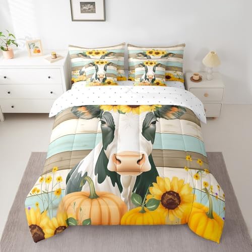 Erosebridal Milk Cow Full Comforter Set - 7 Pieces Yellow Sunflower Thanksgiving Pumpkin Bedding Sets Full Bed in a Bag with Reversible Cowboys Farm Animals Comforter,Sheets,Pillowcases & Shams - Image 3