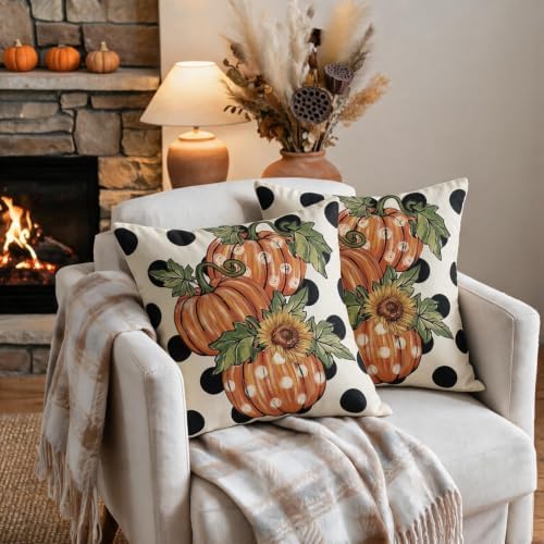 Fall Pillow Covers 22x22 Set of 2, Thanksgiving Orange Pumpkin Sunflower Polka Dot Decorative Throw Pillow Cases Autumn Harvest Outdoor Seasonal Farmhouse Decor for Sofa Couch Bed - Image 3