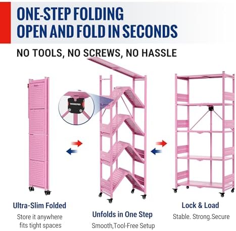 WORKPRO 5-Tier Folding Shelf, No-Assembly Metal Storage Rack with Wheels, 750 lbs Capacity (with Leveling Feet), Collapsible Shelving Unit for Kitchen, Pantry, Closet & Craft Shows - Pink - Image 5