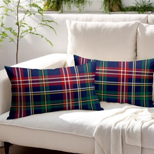 Christmas Tartan Lumbar Pillow Covers 12x20 Set of 2 Navy Blue Green Red Plaid Print Decorative Outdoor Xmas Throw Pillow Cases Winter Holiday Decoration Farmhouse Sofa Couch Cushion Cover Bed Decor - Image 3