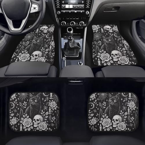 Gothic Skull Carpet Vehicle Floor Mats Retro Halloween Cat Skull 4Piece Universal Floor Mat Interior Horrible Gothic Black Cat Rose Accessories Ant Slip Mats for 1st Row