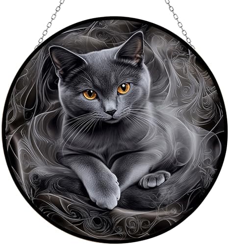 Easter Gray Cat Stained Glass Suncatcher Window Hanging, Gothic Christmas Ornaments for Fiction Lovers, Dinosaur Room Decor for Nursery New Home Gifts by HYPESTYLE