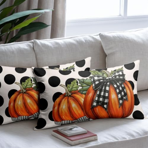 Fall Pumpkin Lumbar Pillow Covers 12x20 Set of 2 Vintage Orange Buffalo Plaid Bow Polak Dot Outdoor Throw Pillows Covers Autumn Thanksgiving Decorative Farmhouse Cushion Case for Room Couch Sofa - Image 7