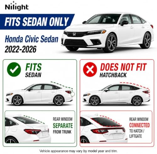 Nilight Tape-On Rain Guards for Honda Civic Sedan 2022-2026, 4PCS