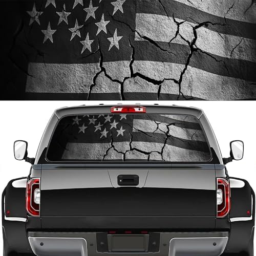 Vintage American Flag Truck Back Window Graphics Decals, Abstract Flag Pictures Universal See Through Rear Window Vinyl Wrap Full Window Decals for Trucks SUV 66 x 22 inch