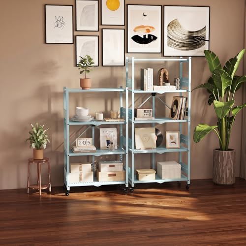 WORKPRO 5-Tier Folding Shelf, No-Assembly Metal Storage Rack with Wheels, 750 lbs Capacity (with Leveling Feet), Collapsible Shelving Unit for Kitchen, Pantry, Closet & Craft Shows - Blue - Image 2