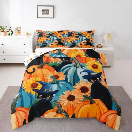 Black Cat Decor Bedding Comforter Sets Halloween Pumpkin Bedding Blue Pumpkin Decor Comforter Set for Girls Boys, Sunflower Gifts for Women Duvet Insert with 2 Pillowcases for Youth Teens, Full by Erosebridal
