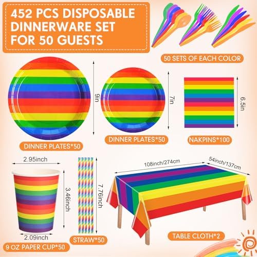 Funnymoom 452 Pcs 50 Guests Pride Party Supplies Decoration, Rainbow Pride Paper Plates Napkins Cups Tablecloth Cutlery Straws Gay Lgbt Disposable Tableware Sets for Rainbow Birthday Table Decoration - Image 2