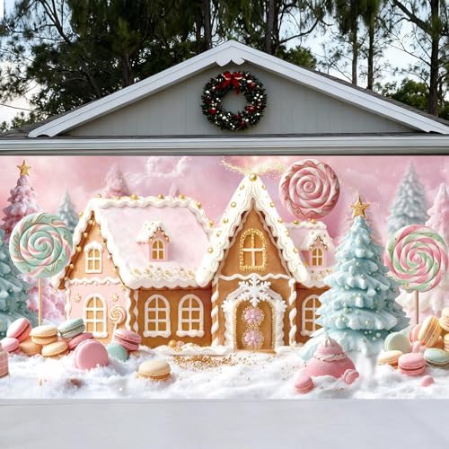 Preboun Pastel Christmas Garage Door Cover 7 X 16 ft Candyland House by Preboun