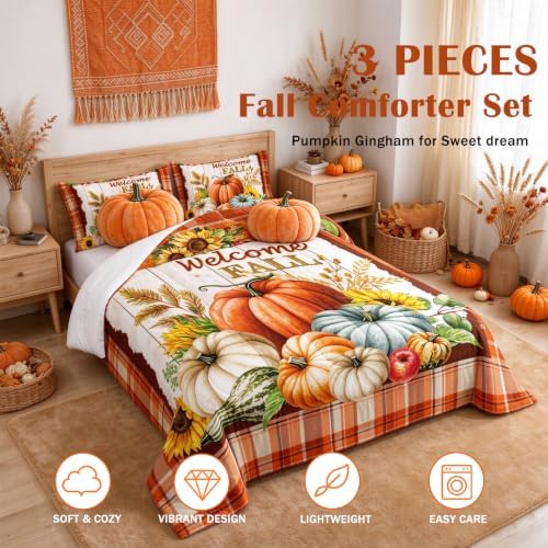 Homewish Fall Pumpkin Sunflower Comforter Set Twin Size Orange Plaid 2Pcs - Image 2