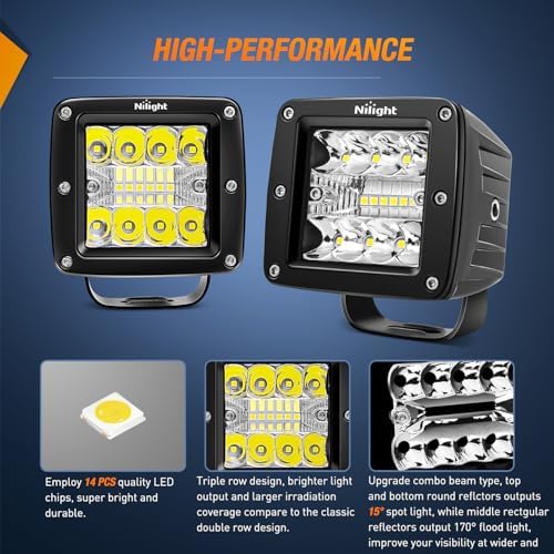 Nilight 2Pcs 3Inch 42W LED Cubes Upgraded Spot Flood Combo Square Driving Fog Off Road Lights 12V 5Pin Rocker Switch Wiring Harness Kit-2 Leads