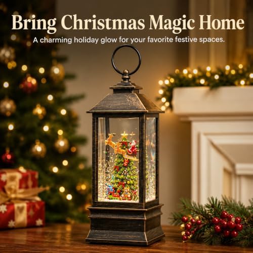 Christmas Snow Globe Lantern with Music & Timer, Vintage Lighted Musical Snow Globe with Swirling Water Glitter, Christmas Tree & Santa Scene, USB/Battery Operated Xmas Decor Gifts - Image 6