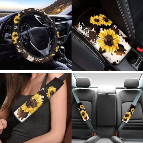Brown Cow Sunflower Car Seat Covers 12Pcs Cow Car Accessories Interior Sets with Universal Fit Auto Steering Wheel Covers Seatbelt Pads Keychain Cup Holder Coaster for Women,Men,Fit Most Cars