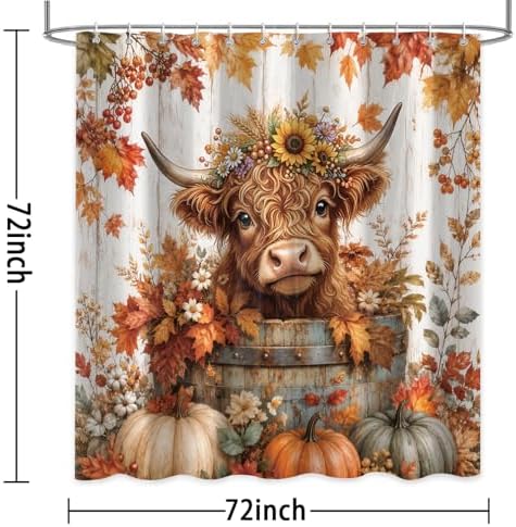 Fall Highland Cow Shower Curtain, Cute Cow Pumpkin Thanksgiving Farmhouse Animal Bathroom Decor Set, Autumn Harvest Seasonal Country Shower Curtains for Bathroom 72X72in - Image 4