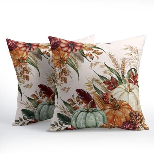 Fall Thanksgiving Pillow Covers 22x22 Set of 2 Colorful Pumpkin Wheat Leaves Pinecones Outdoor Throw Pillows Covers Autumn Harvest Decorative Farmhouse Cushion Case for Room Couch Sofa - Image 2
