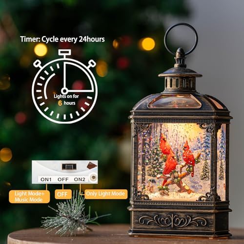 Christmas Snow Globe Water Glittering Cardinal with Music, USB Lined/Battery Operated Lighted Lantern for Christmas Festival Decoration Gifts - Image 2