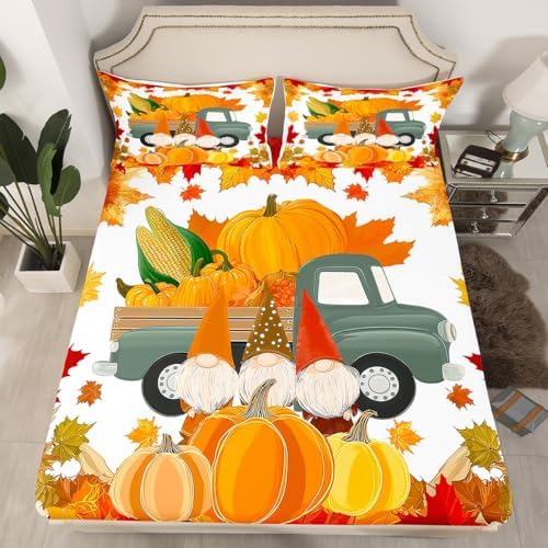 Fall Pumpkins Bed Sheet Set Cute Autumn Gnomes Bed Sheets Deep Pocket Thanksgiving Harvest Season Bedding Set Queen For Kids Teen Adults,Maple Leaves Soft Fitted Sheet + Flat Sheet + 2 Pillow Cases - Image 3
