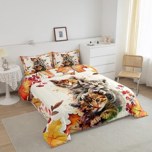 Erosebridal Cat Comforter Set Queen Size Autum Maple Leaves Bedding For Kids Boys Adults Cute Animals Kawaii Pet Down Thanksgiving Quilted Duvet Lightweight Harvest Bedroom Decor 3Pcs, Orange - Image 2