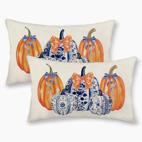 Fall Pillow Covers 12x20 Set of 2 Chinoiserie Blue and Orange Pumpkin Throw Pillows Grandmillennial Autumn Thanksgiving Decoration Pillow Cases Outdoor Fall Decor Cushion Case for Sofa Home by Gohdiwh