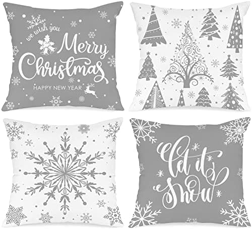 Lanpn White and Grey Christmas Throw Pillow Covers 26x26 Set of 4, Decorative 26 inch Gray Winter Snowflake Xmas Cushion Covers Pillow Cases for Home Bedroom Room Holiday Couch Decor Decorations by Lanpn