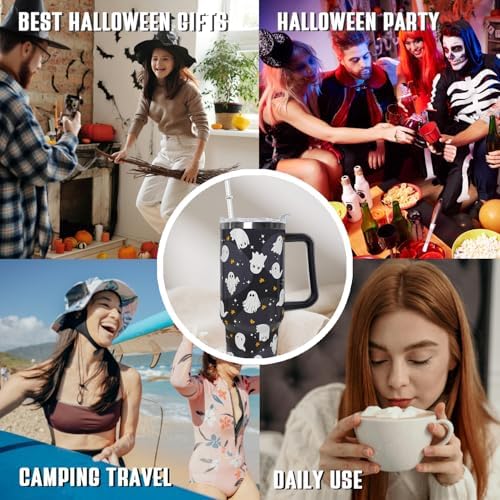 Halloween Tumbler 40oz Ghost Tumbler Spooky Leak Proof Cups with Handle and Straw Insulated Water Bottle Coffee Travel Mugs for Halloween Decor Gifts for Women Men (1PCS) - Image 7