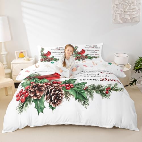 Manfei Red Cardinal Kids Duvet Cover Set Queen Size,Christmas Birds Holly Pinecones Bedding Set,Berries Poinsettia Rustic Animal Room Decor,White Red Green Quilt Cover,2 Pillowcases(No Comforter) - Image 3
