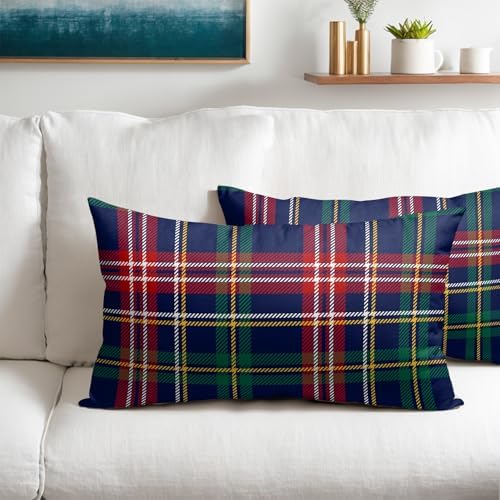 Christmas Tartan Lumbar Pillow Covers 12x20 Set of 2 Navy Blue Green Red Plaid Print Decorative Outdoor Xmas Throw Pillow Cases Winter Holiday Decoration Farmhouse Sofa Couch Cushion Cover Bed Decor - Image 2