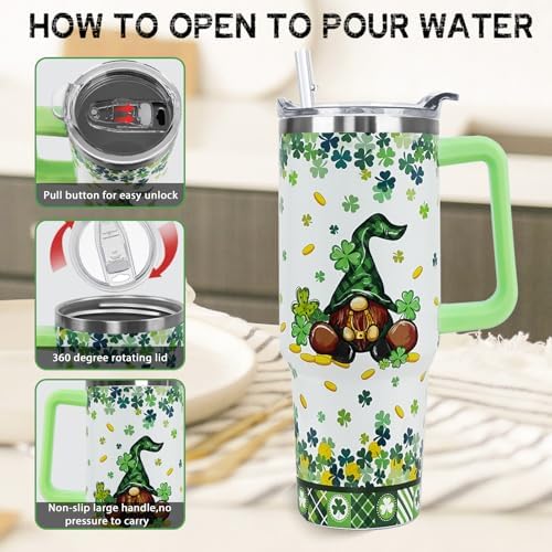 St Patricks Day Tumbler with Handle 40 oz Lucky Gnomes Shamrock Coffee Travel Mug Stainless Steel Insulated Cup Irish Saint Patricks Decor Gifts - Image 4