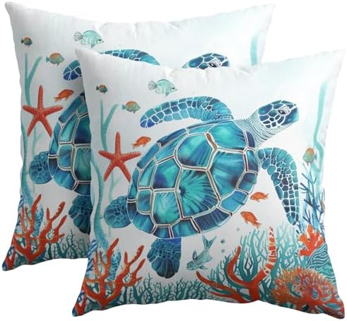 Summer Pillow Covers 20x20 Inch Set of 2, Sea Turtle Throw Pillow Covers Ocean Beach Pillowcase, Coral Starfish Decorative Seasonal Cushion Case Couch for Indoor Outdoor Home Decor by Trongr