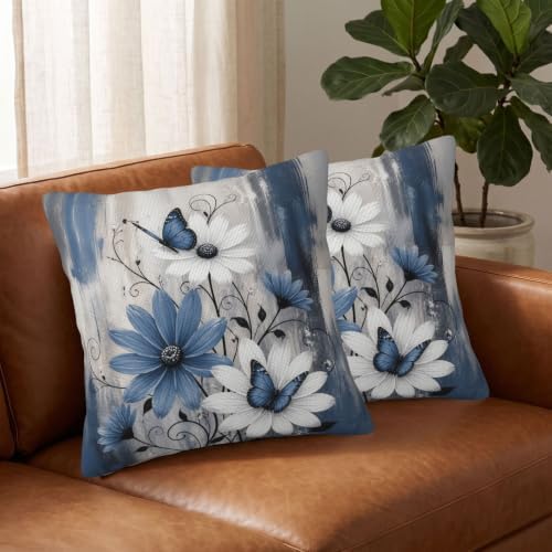 Summer Blue Grey Floral Butterfly Throw Pillow Covers 18x18 Set of 2 - Image 3