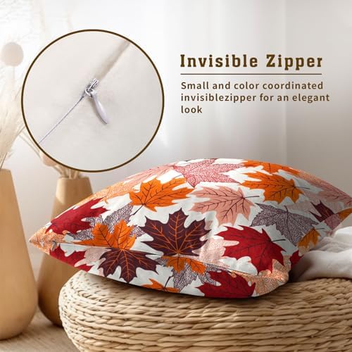 Sweetshow Fall Leaves Throw Pillow Covers 12X12 Inches Set of 2 Thanksgiving Autumn Harvest Maple Leaf Pillowcase Soft Cotton Square Cushion Covers for Home Sofa Bedroom Decoration - Image 4