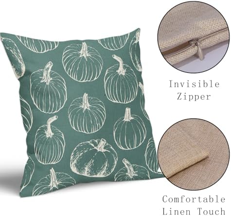 Light Blue Fall Pumpkin Pillow Covers 18x18 Set of 2 Autumn Themed Thanksgiving Cream Print Decorative Throw Pillows Outdoor PillowCase Farmhouse Linen Cushion Case Decor for Home Sofa Couch Bed - Image 4