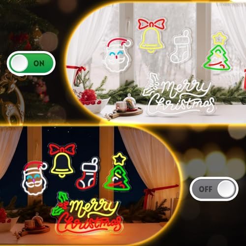 5 Pcs Christmas Neon Sign Merry Christmas Santa Claus Bells Xmas Tree LED Lights Winter Neon Lights USB Window Wall Bar Living Room Decor for Winter Xmas Party Holiday Night Bedroom Gifts - Image 4