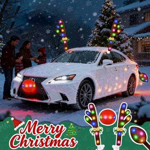 Christmas Car Decorations Reindeer Car Kit Antlers with Lights, Jingle Bells Rudolph Reindeer and Nose, Tail Cute Costume Auto Accessories for Trunk Vehicles SUV Antenna Toppers Multicolor - Image 6