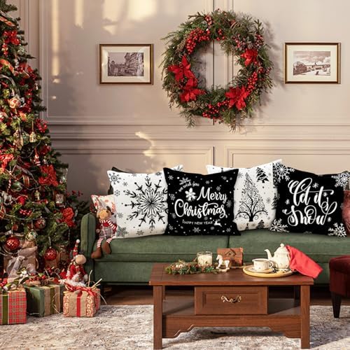 Lanpn Christmas Throw Pillow Covers 22x22 4 pcs, Black White Merry Christmas Xmas Winter Snowflake Decorative Holiday Cushion Pillow Cases 22 x 22 Indoor Farmhouse Home Room Couch Sofa Decor - Image 5