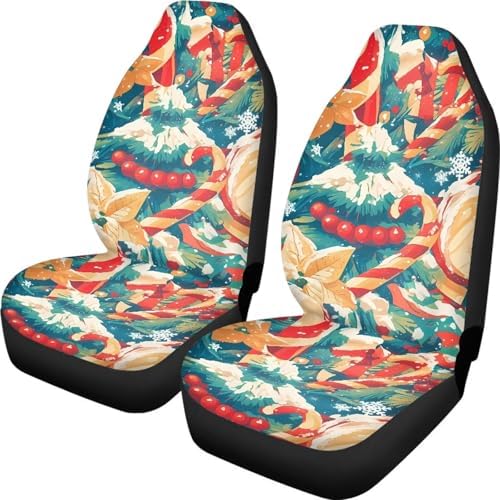 Christmas 2 Pcs Set Car Seat Covers, Cartoon Christmas Tree Seat Covers for Cars Winter Snowflake, Xmas Crutch Candy Decor Universal Seat Cover for Sedan, SUV, Truck