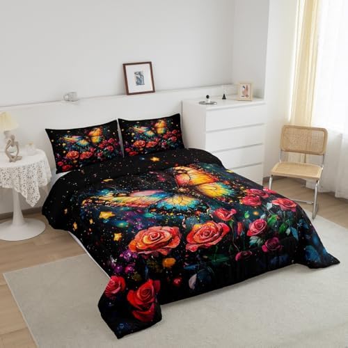 Feelyou Butterfly Bedding Set Toddle Size Rose Comforter Set for Kids Boys Girls Star Print Comforter Starry Sky Duvet Set - Image 2