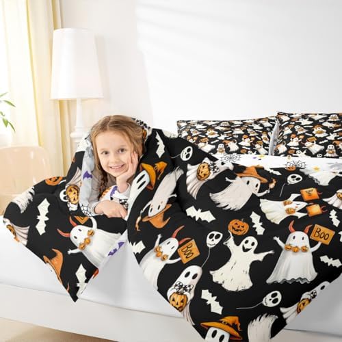 Happy Halloween Comforter Set Spooky Witch Hat Ghost Comforter King Size Gothic Pumpkin Bats Bedding Set for Kids Adult Bedroom Decor Fashion Black Quilt Duvet,3 Pcs with 2 Pillowcase - Image 4
