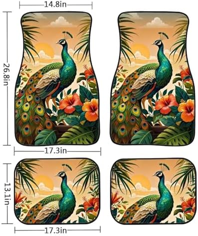 Peacock Car 4 Piece Floor Mat Set, Hibiscus Tropical Floral Universal Fit Protection Heavy Duty Heel Pad Car Mats, Sunset Monstera Car Floor Front and Rear 2 Rows Set
