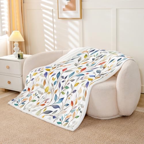 Colorful Leaves Throw Blanket Botanical Plants Farmhouse Fleece Flannel Blankets Kids Boys Girls Room Decor Country Style Bed Blankets for Bed Sofa Couch White Blue Grren Plush Blanket Throw 50"x60" - Image 5