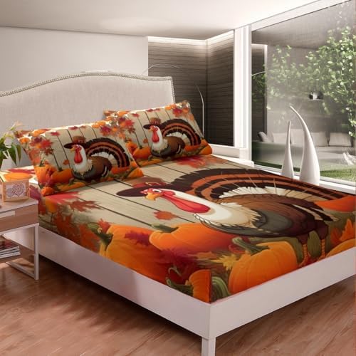Feelyou Turkey Bed Sheets Set King Size Thanksgiving Harvest Season Fruit Decor Sheet Set for Kids Boys Girls Decor Fall Pumpkin Sheets with Deep Pocket Fitted Sheet Crocus - Image 3