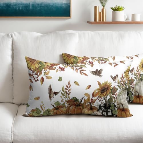 Fall Sunflower Throw Pillow Covers 12x20 Set of 2 Autumn Buffalo Plaid Pumpkin Thanksgiving Pillow Covers Bird leaves berries Pillowcase Vintage for Kitchen Sofa Cushion Outdoor Bedroom Decoration - Image 2