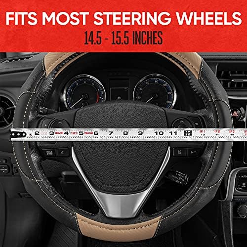 Motor Trend GripDrive Carbon Fiber Steering Wheel Cover, Non-Slip Sporty Racing Faux Leather Ergonomic Comfortable Handle, Steering Wheel Cover for Cars Trucks Vans SUV - Fits Standard 15 Inch - Beige