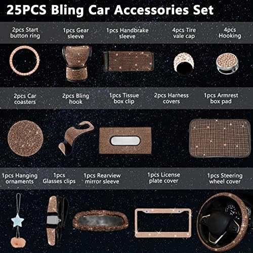 25PCS Bling Car Car Accessories Set,15 Inch Steering Wheel Cover,Shiny License Plate Frame,Center Console Cover and Rearview Mirror Set and Other Car Accessories(Champ) - Image 2