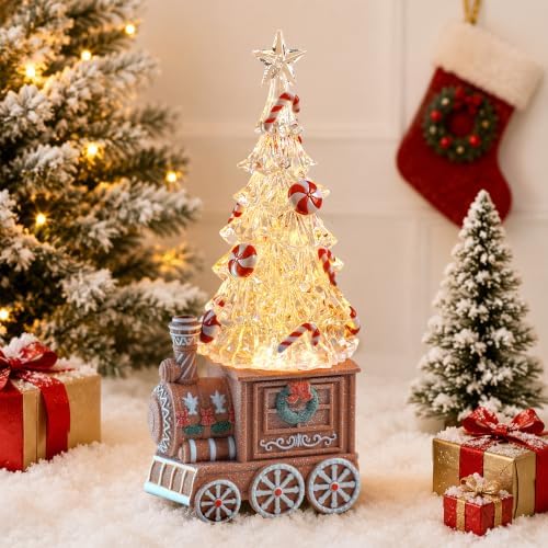 Christmas Train Snow Globe with Music, Lighted Christmas Tree Water Lantern with Swirling Glitter, USB & Battery Powered with Timer, Candy Cane Christmas Decorations Indoor Gifts by Qualdout
