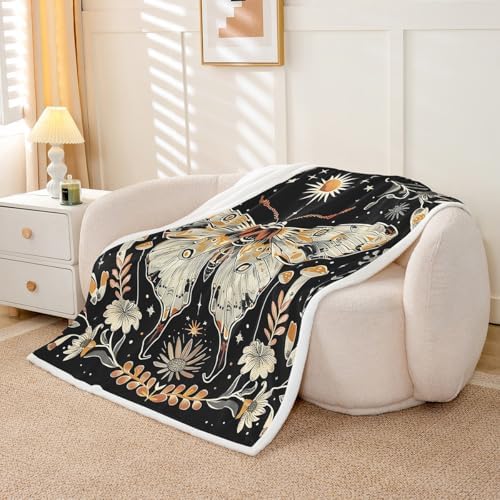 Butterfly Moth Throw Blanket Boho Floral Mushrooms Fleece Flannel Blankets Kids Boys Girls Room Decor Galaxy Starry Bed Blankets for Bed Sofa Couch Black Light Yellow Plush Blanket 40"x50" - Image 5