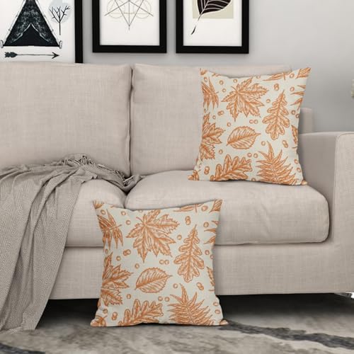 Orange Fall Pillow Covers 16x16 Set of 2 Cream Maple Leaf Print Autumn Colored Harvest Decorative Outdoor Pillowcases Farmhouse Seasonal Throw Cushion Case Decor for Home Couch Sofa Bed - Image 2