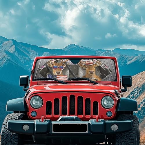 Renewold Windshield Sun Shade Sun Visor Shield Fit for Jeep Wrangler JK JKU JL JLU 1997-2023 2/4 Door Gladiator JT 2020-2023 Fully Covered Foldable Front Sunshade Blocks UV Heat Funny Elk Deer Driving