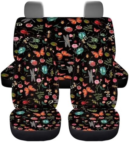 Full Set of 4 Packs Botanical Flower Floral Moth Dragonfly Car Front & Rear Seat Covers Insect Butterfly Fern Pattern Car Seat Covers Auto Split Bench Protector SUV Accessories for Women