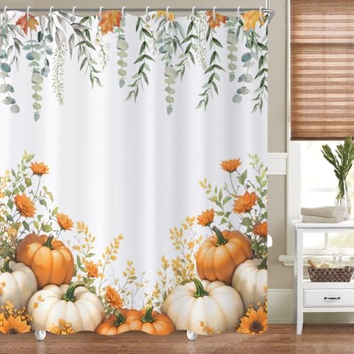 Fall Pumpkin Shower Curtain, Watercolor Autumn Harvest Pumpkins Wildflowers Green Leaves on the Top Thanksgiving Day Bathroom Curtain Waterproof Fabric Machine Washable with Hooks, 72"Wx78"L by Caheansi